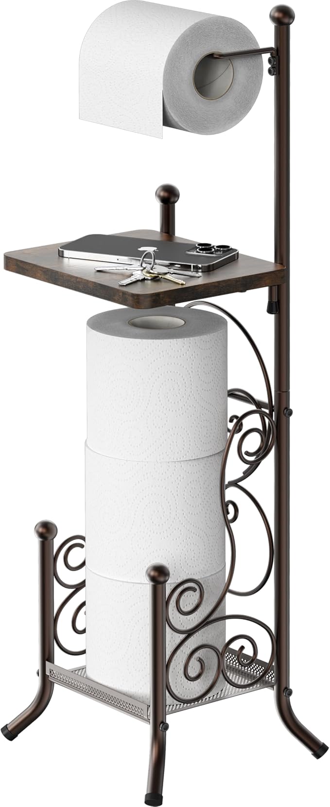 Simple Houseware English Style Bathroom Toilet Tissue Roll Holder Stand with Shelf, Bronze