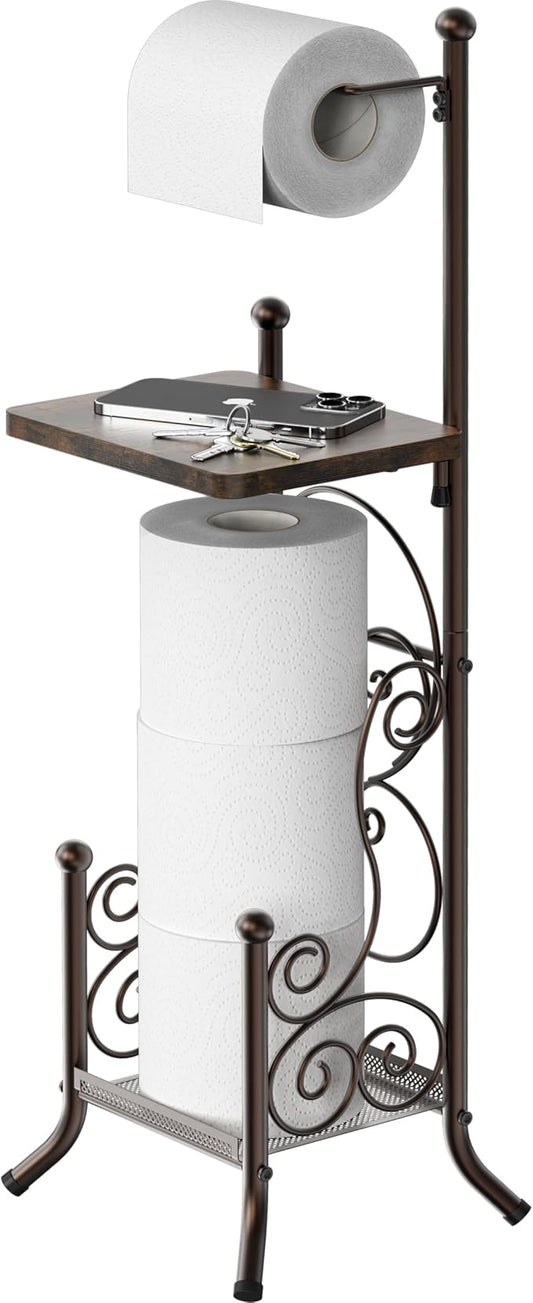 Simple Houseware English Style Bathroom Toilet Tissue Roll Holder Stand with Shelf, Bronze
