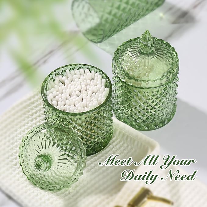 RYTOXILO Green Bathroom Accessories Set, 4 Pack Olive Green Bathroom Decor Accessory Sets Complete, Diamond Glass Soap Dispenser and Toothbrush Holder Set for Bath Counter Organizer Essentials