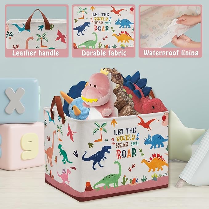 Dinosaur Room Decor Basket for Boys, 36L Volcano Baby Laundry Basket Leaf Cactus Kid Storage Bin Rectangular Collapsible Clothes Book Toy Bin for Boy,Pink Easter Gift