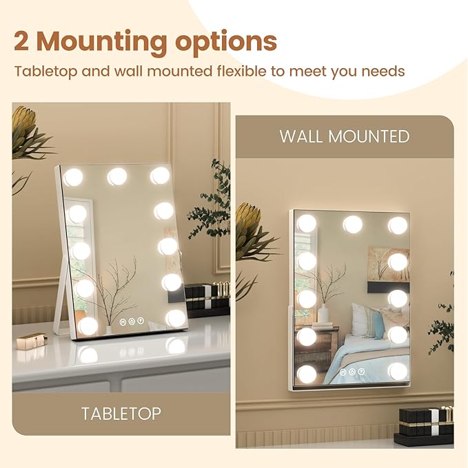 Hollywood Vanity Mirror, 11"x 14" Hollywood Lighted Makeup Mirror with Detachable 10X Magnification & 11Dimmable 3 Colors Modes LED Bulbs, Touch Control,Type-C Charging Port, White
