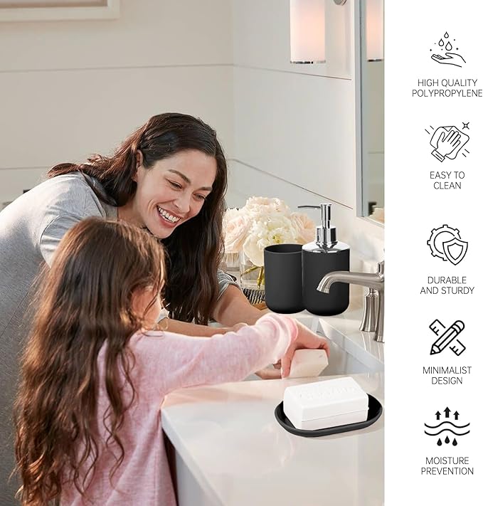 Bathroom Accessory Set, 4 Pcs Plastic Bathroom Set Include Soap Dispenser, Soap Dish, Toothbrush Holder, Mousewash Cup, Modern Bahtroom D??cor Set, Space Save for Bathroom(Black)