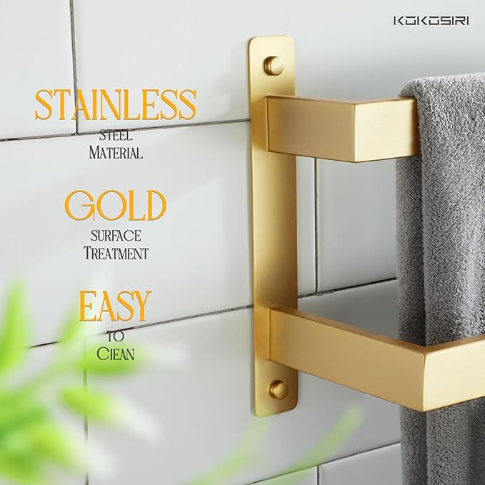 KOKOSIRI Bath Towel Bars Bathroom 2-Tiers Ladder Brushed Gold Towel Rails 32-Inch Towel Holders Wall Mounted Towels Shelves Rack Stainless Steel, B5008BG-L32