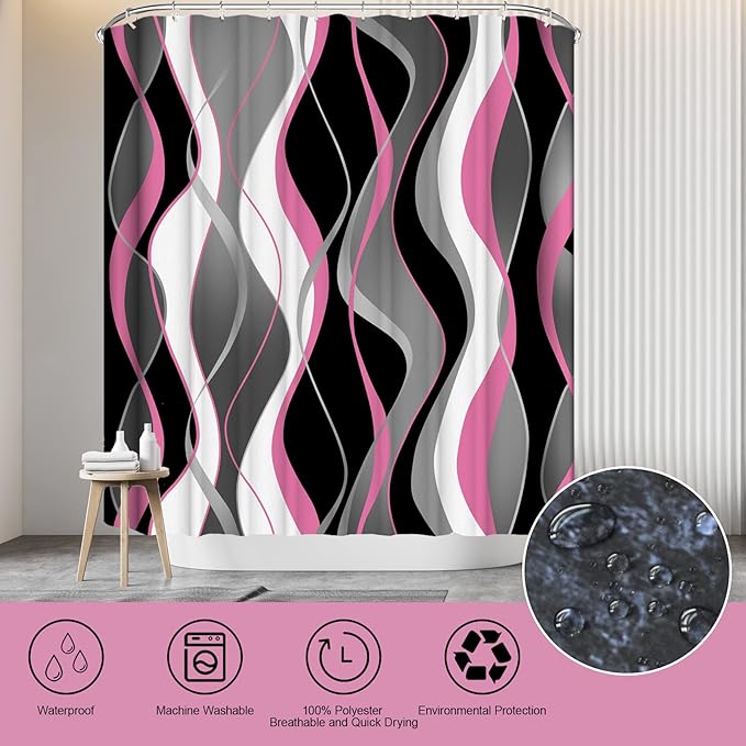 BEIFIVCL 4Pcs Pink Shower Curtain Sets with Non-Slip Rugs, Toilet Lid Cover and Bath Mat, Black and Gray Bathroom Decor Set Accessories Fabric Waterproof Shower Curtains with 12 Hooks, 72 x 76 Inch