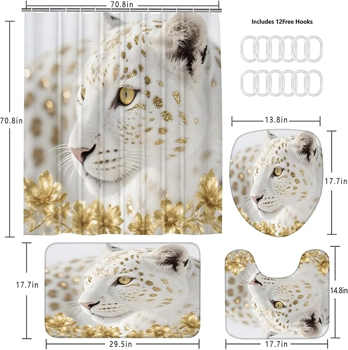 jieprom 4PCS White and Gold Leopard Shower Curtain Set with Rugs, Luxury Golden Floral & Cheetah Print Art, Modern Glam Bathroom Decor, Waterproof Fabric with Non-Slip Mats, 72" x 72"