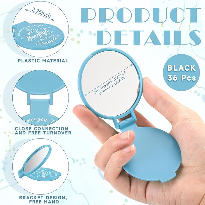 36 Pcs 2.76 Inch Inspirational Compact Mirror Bulk Women Small Gifts Graduation Party Favors Purse Mirror Pocket Mini Stuffer Items for Adult Coworker Cheerleader Employee (Light Blue)