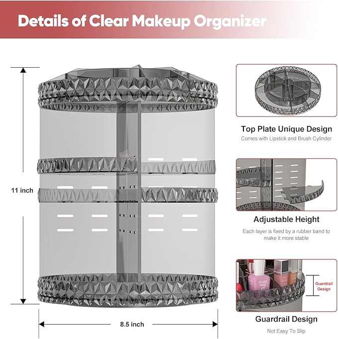 360 Rotating Makeup Organizer, DIY Adjustable Makeup Carousel Spinning Holder Storage Rack, Large Capacity Vanity Organizer Skincare Organizers (Gray)