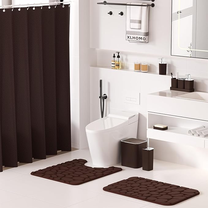 XLHOMO Bathroom Accessories Set - 25PC Brown Bathroom Sets with Shower Curtain and Rugs, Bathroom Accessory Set, Brown Shower Curtain Set, Trash Can, Qtip Holder Dispenser & Soap Dispenser