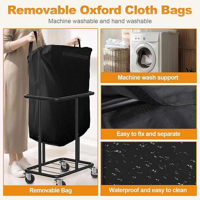 Hodonas Laundry Basket with Wheels, Rolling Laundry Hamper, 46 Gallons (170L), Removable and Machine Washable Liner, Steel Frame, Large Laundry Cart for Laundry Room, Bedroom, Bathroom, Dorm - Black