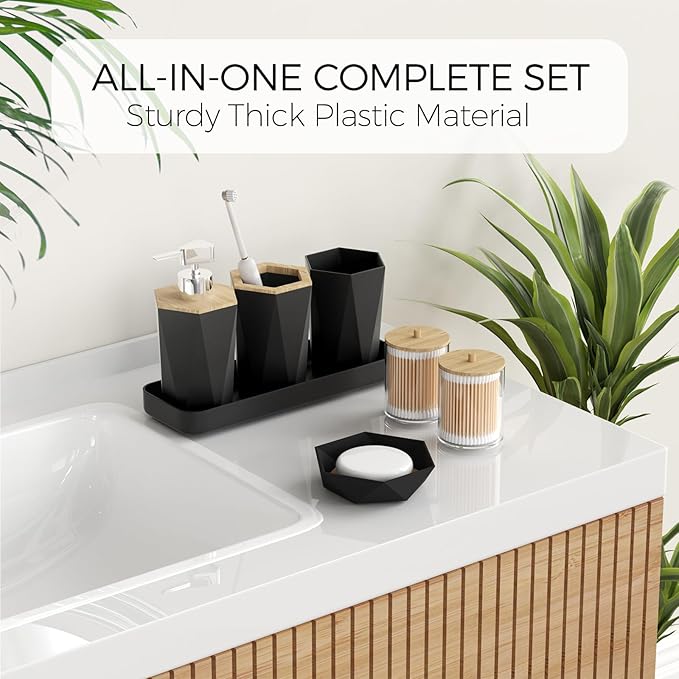 Bathroom Accessories Set - Black Bathroom Set with Shower Curtain and Rugs, Trash Can, Toilet Brush with Holder, Soap Dispenser, Toothbrush and Toothpaste Holder, Cup, Soap Dish, Qtip Holders, Tray