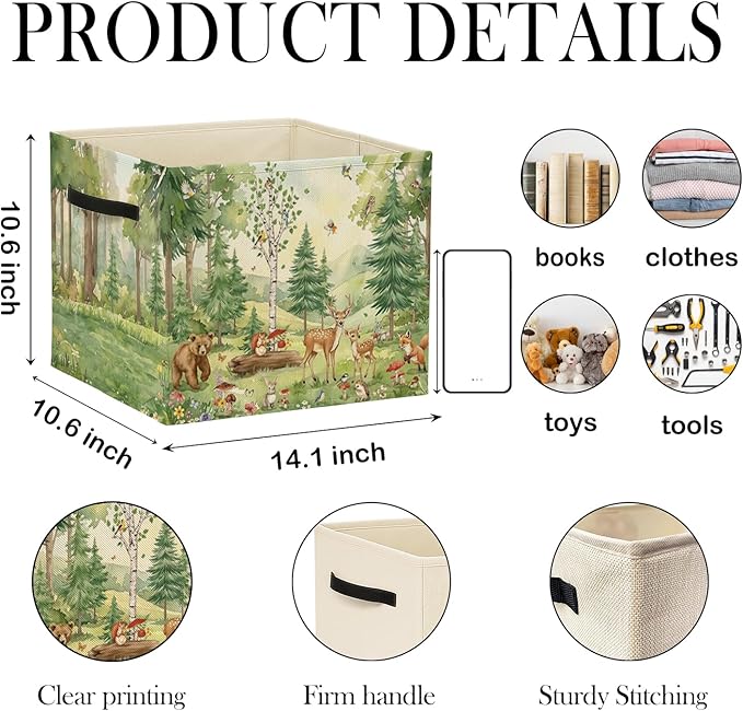 Forest Animal Nursery Storage Bin Box with Handles, Rustic Botanical Wild Animal Foldable Baskets Organizer for Kids Room Nursery Bathroom Clothes Toys Books, Toybox for Boys Girls