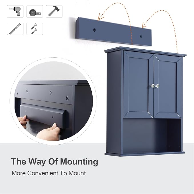 VANIRROR Bathroom Wall Cabinet Navy Blue Over Toilet Storage Cabinets 24x30 in Above Toilet Wood Medicine Cabinets Wall Mounted Bathroom Cabinet with 2 Door & Adjustable Shelf