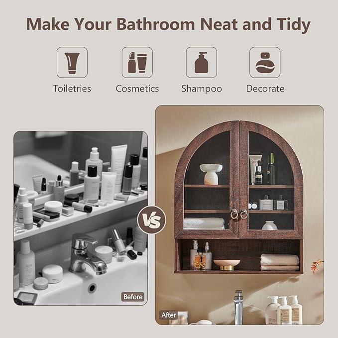 IFGET Bathroom Arched Wall Cabinet, 23.6'' Wide Medicine Cabinet with Adjustable Shelves & Glass Doors, Over The Toilet Storage Wall Mount Cabinet for Laundry Room, Kitchen & Living Room, Dark Walnut