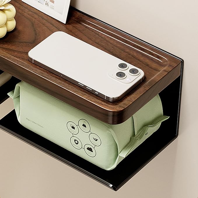 Walnut Bathroom Shelf Stainless Steel Holder Wall Mount Phone Storage Home Decoration