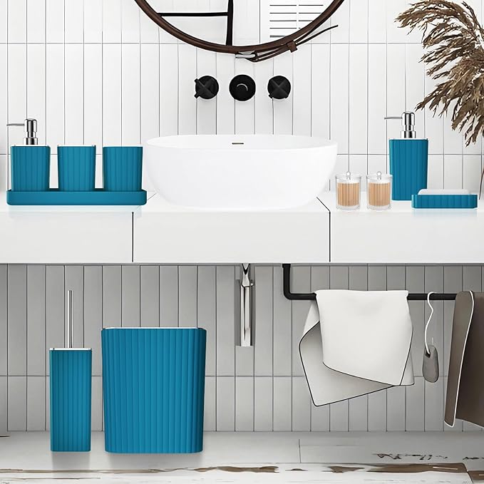 XLHOMO Bathroom Accessories Set - 26PC Gorgeous Teal Bathroom Set, Bathroom Accessory Set, Shower Curtain Set with Bathtub Mats for Shower Tub, Trash Can & Soap Dispenser