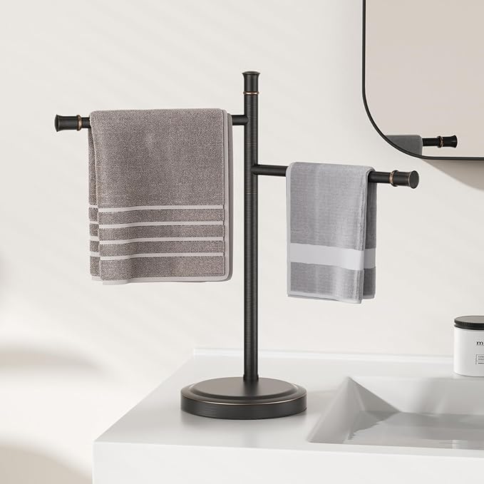 16 Inch Oil Rubbed Bronze Stand Towel Bar FreeStanding Stainless Steel Hand Towel Holder for Bath, Towel Rack Towel Ring Hardware Accessories for Bathroom Kitchen Vanity Countertop