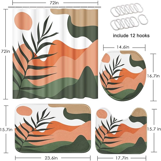 Boho Mid Century Shower Curtain Set with Toilet Lid Cover and Non-Slip Rugs, Abstract Sun Mountain Plants 4 Pcs Modern Shower Curtain for Bathroom Set with 12 Hooks