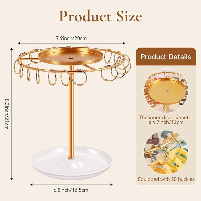 SNOWSTAR Claw Clip Organizer,Hair Clip Holder Stand with Tray, Hair Clip Storage Display Rack with 20 Golden Rings, Organizer Room Decor for Women and Girls
