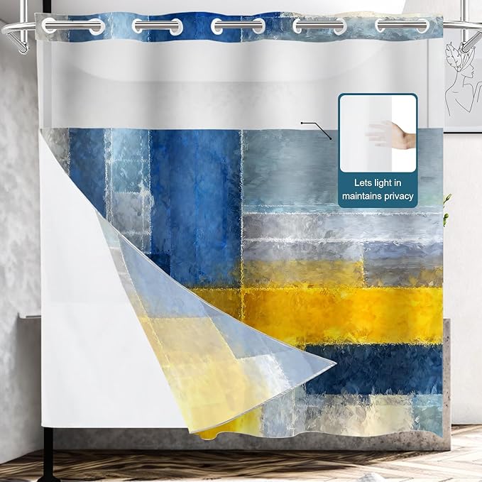 Shrahala Brown Abstract Art No Hooks Shower Curtain with Snap in Liner Set, Grey Contemporary Colorful Bathroom Décor Polyester Fiber Waterproof for Stall Bathtubs 71 X 74 in