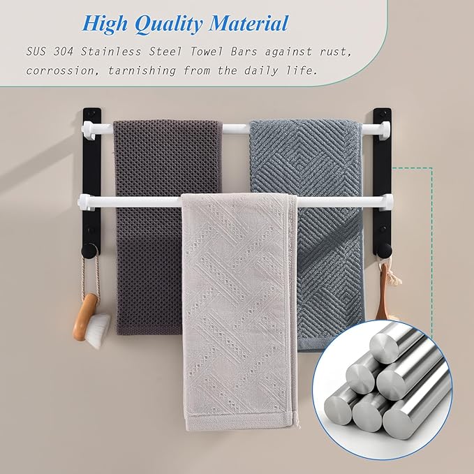 Bathroom Double Towel Rack with Hooks, 18-Inch Towel Bar - Stainless Steel Wall Mounted Towel Holder, White & Black
