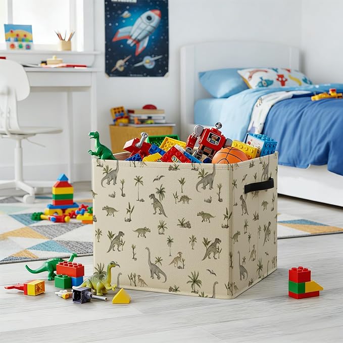 Tropical Botanical Dinosaur Storage Bin Box with Handles, Dinosaur Lovers Gifts Foldable Baskets Organizer for Kids Boys Room Nursery Bathroom Clothes Toys Books, Toybox for Boys