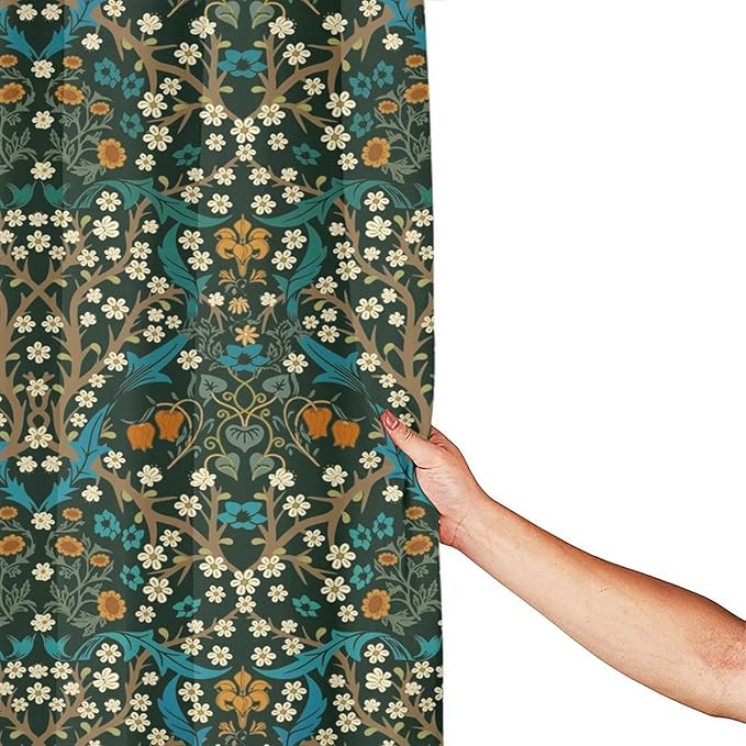 Mid Century Vintage Daisy Waterproof Fabric Shower Curtain,Green Garden Flower William Morris Abstract Art Soft Hotel Quality Cloth Shower Light-Weight & Machine Washable - 72L x72W