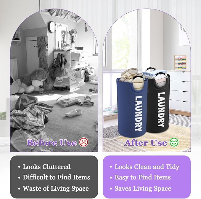2Pcs 95L Collapsible Laundry Basket for Men, Tall Laundry Basket with Handles, Dirty Clothes Hamper in 600D Oxford Fabric, Freestanding Clothes Hampers for Bedroom, Dorm, Navy Blue + Black