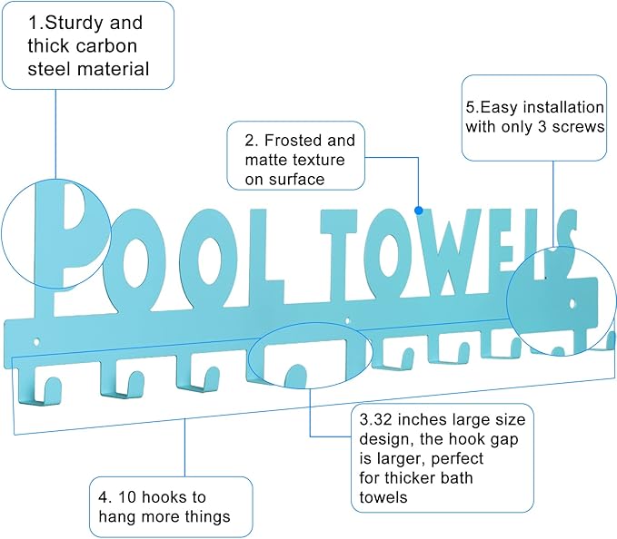 IBosins Large Pool Towel Rack with 10 Hooks, Towel Holder Wall Mounted for Outdoor, Towel Hanger for Hanging Bathrobes, Towels, Clothes - Perfect Pool Area Outside Sign and Decor (Blue)