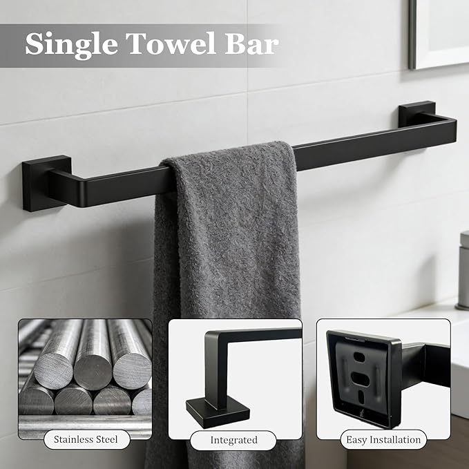 5-Pieces Wall Mount Bathroom Accessories Bathroom Hardware Set,23.6 Inch Stainless Steel Waterproof Towel Bars,Toilet Paper Holder with Shelf,Towel Ring,Coat Hook,Matte Black 5PC - Rectangle