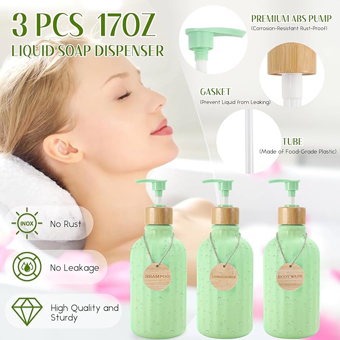 XLHOMO Green Bathroom Accessories Set 17PCS Bathroom Set with Trash Can 3PCS Lotion Soap Dispenser, Toothbrush Holder, 6PCS Wood Tags Bath Accessories with Tray for Kitchen Bathroom