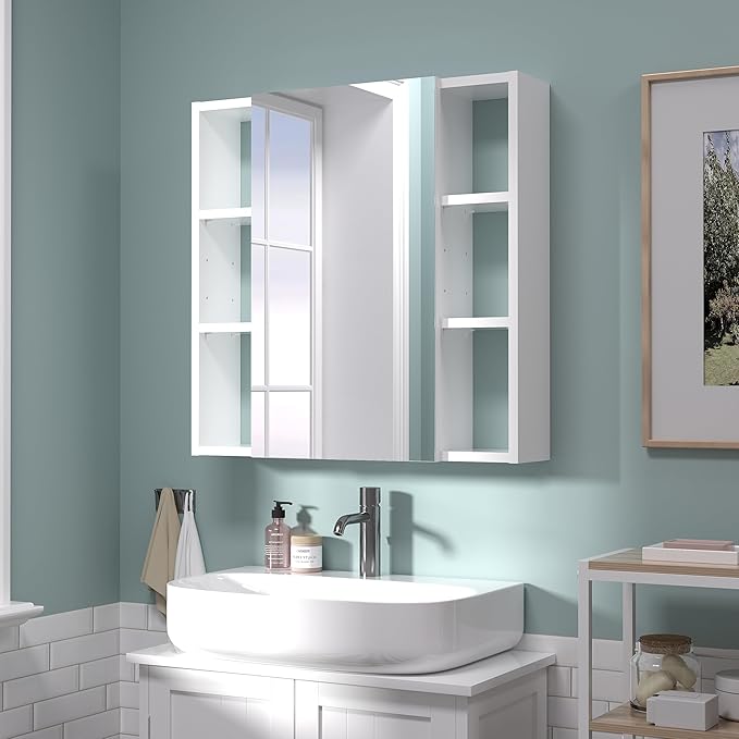 Bathroom Cabinet with Mirror, Wall Cabinet with 2 Mirrored Doors, Adjustable Shelf, Open Compartment, Wall-Mounted, 24x24 Inches, White (Assembly Required)