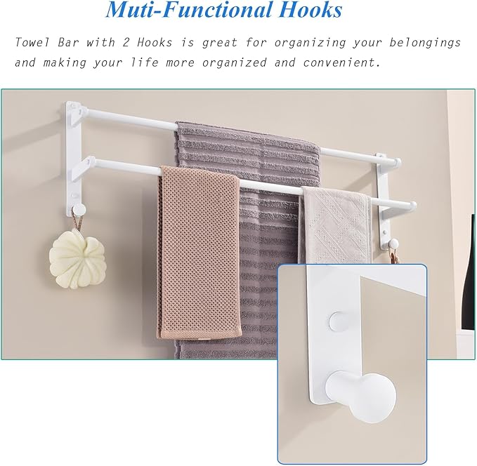 White Double Towel Bar with Hooks, 30 Inch Wall Mounted Long Towel Rack - Stainless Steel Bathroom Towel Holder