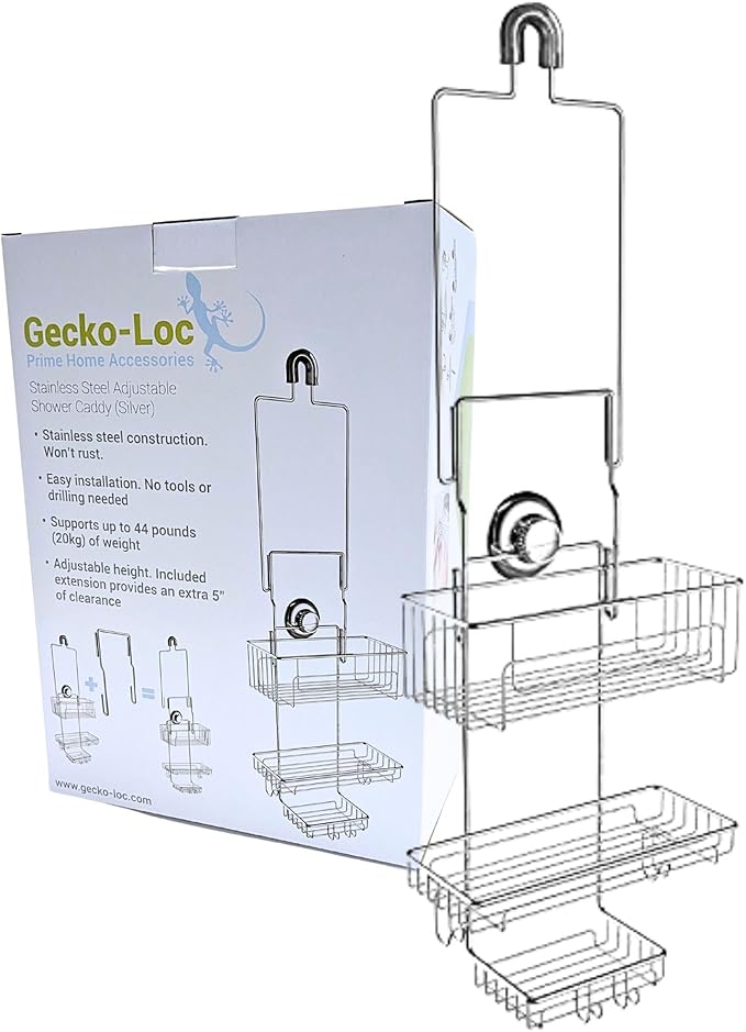Gecko-Loc SHS-015EXT Extra Long Adjustable Hanging Shower Caddy, Over-the-Showerhead Organizer for Shampoo, Soap, Razors, Rustproof Stainless Steel, Silver