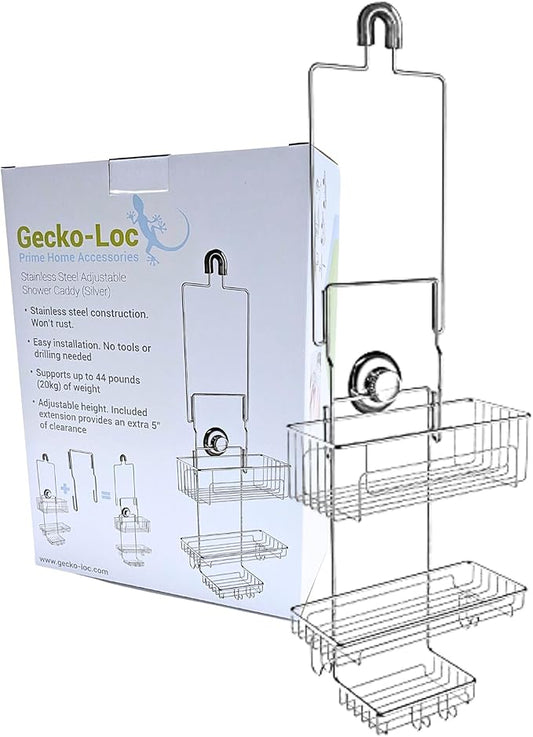 Gecko-Loc SHS-015EXT Extra Long Adjustable Hanging Shower Caddy, Over-the-Showerhead Organizer for Shampoo, Soap, Razors, Rustproof Stainless Steel, Silver