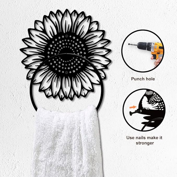 MAYJOYDIY Sunflower Metal Towel Ring Flower Plant Towel Holder Sunflower Bath Towel Ring for Wall Black Art Towel Rack Wall Mounted for Bathroom Kitchen Towel Hanger Home Decors Gift