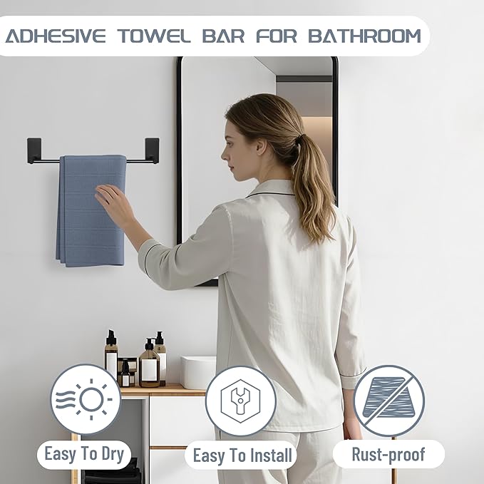 Alise Adhesive Towel Bar 12 Inch Towel Racks for Bathroom SUS 304 Stainless Steel,Bathroom Towel Holder No Drill, Strong Self Adhesive Towel Hanger Wall Mounted,Matte Black