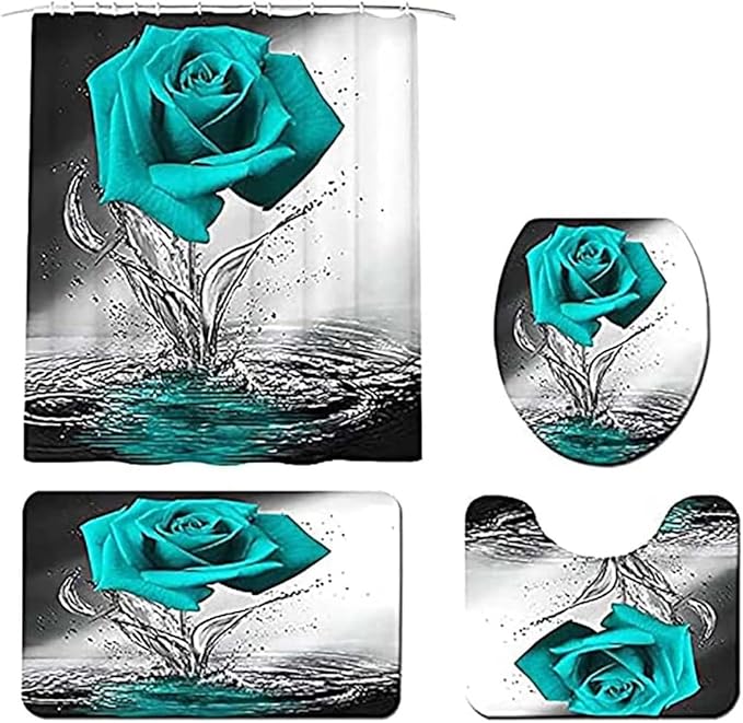 Teal Rose Modern Style Floral Shower Curtain Set with Non-Slip Rugs, Bath Mat, Toilet Lid Cover and 12 Strong Hooks for Bathroom, 70.87"W x 70.87"L