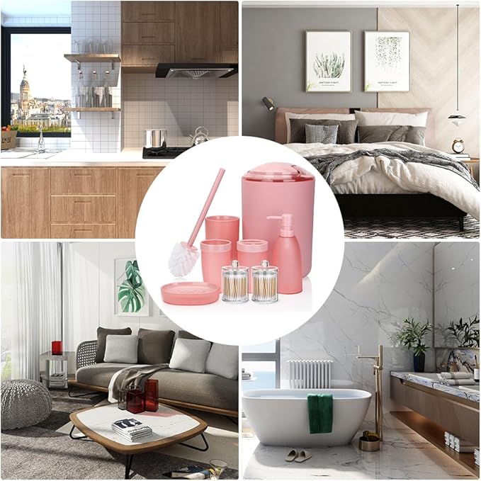 OTOSTAR Bathroom Accessory Set 8 Pcs Pink Bathroom Accessories Set Bathroom Set with Trash Can Soap Dispenser Toothbrush Holder Tumbler Soap Dish Toilet Brush Holder Qtip Holder (Pink)