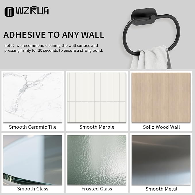 Adhesive Towel Holder for Bathroom Matte Black No Drill Hand Towel Ring Stainless Steel and Zinc Alloy Self Adhesive Towel Hanger for Bath, Kitchen