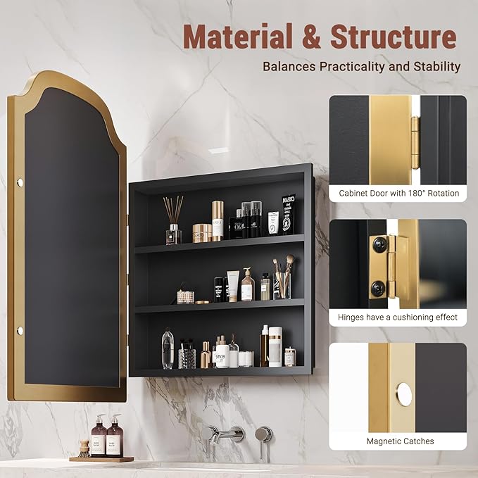 24x35 Inch Medicine Cabinet - Surface Mount or Recessed Bathroom Mirror Cabinet with Storage, Metal Framed, Sturdy & Easy Installation（Gold）