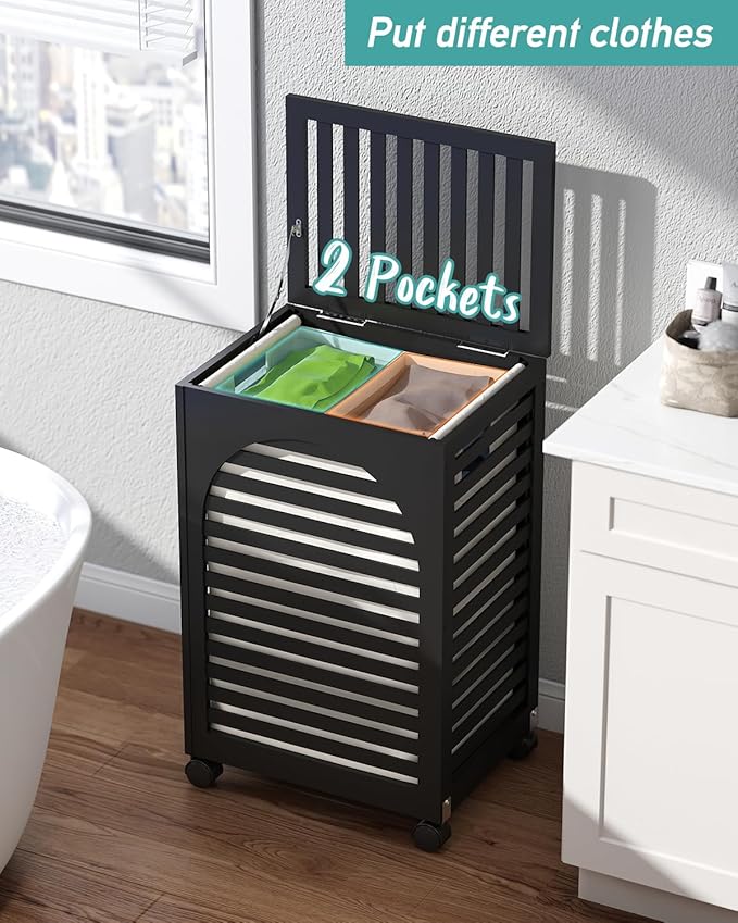 Black Laundry Hamper with Wheels, Laundry Basket with Lid, 22.5 Gallon (85L) Bamboo Wood Clothes Laundry Hamper 2 Section with Handles, Removable Liner