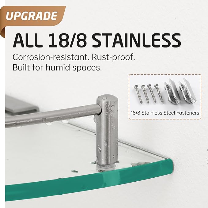 KES Glass Corner Shelf with Hooks 18/8 Stainless Steel, Tempered Glass Bathroom Corner Shelf with Rail, Shower Glass Shelf 3 Pack Wall Mounted, Brushed Finish, BGS2101A-2-P3