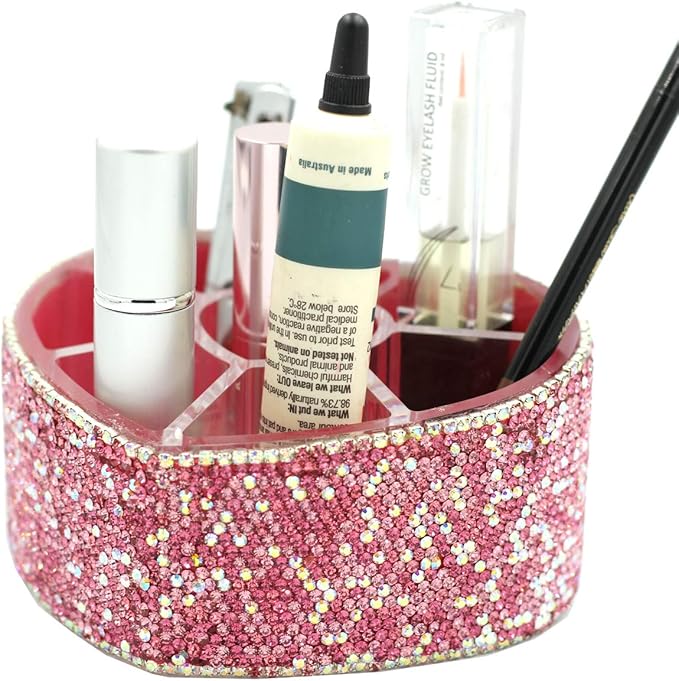 Desktop Cosmetic Storage Box 8-hole Heart-Shaped Bling bling Rhinestone Cosmetic Tools storage Box Jewelry Storage Box (Pink)