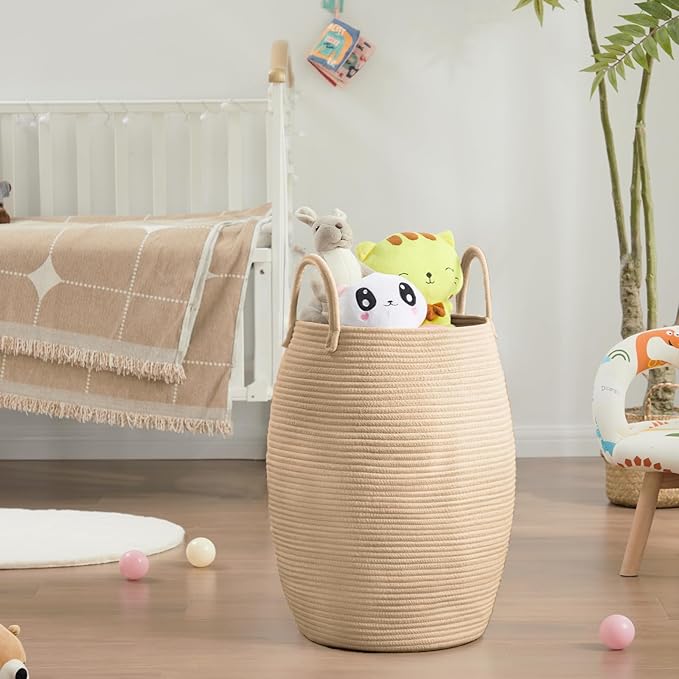 Large Laundry Hamper Basket by Fiona's magic, 65L Woven Tall Clothes Hamper for Storage Blanket, Toys and Dirty Cothes in Bedroom and Living Room Organizer, Brown