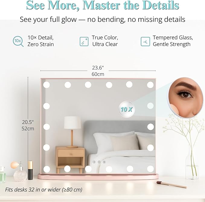 LUXFURNI Hollywood Glamour Vanity Mirror with 4 Extra Bottom Bulbs | Shadow-Free, Perfect Makeup View | Desk & Wall Mountable | 3 Color Modes for Office, Outdoor, Party Looks | USB Charging