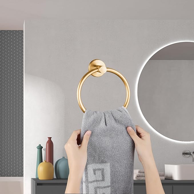 Towel Ring, Bathroom Hardware Accessories, Wall-Mounted Towel Ring, Simple Round Stainless Steel Towel Rack, for Bathroom and Kitchen (Gold 2 Pack)