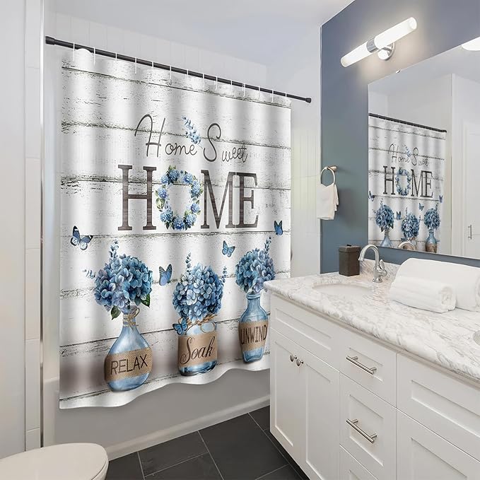 Farmhouse Shower Curtain, Navy Blue Hydrangea Flower Rustic Bathroom Decor with Waterproof Fabric, Country Style Home Sweet Home Shower Curtains for Vintage Bathroom, 72x72 Inch