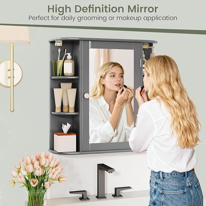 COSTWAY Medicine Cabinet with Mirror, Wall Mounted Bathroom Storage Cabinet with Mirror Door and Adjustable Shelves, Space-Saving Storage Organizer for Living Room Kitchen Entryway (Gray)
