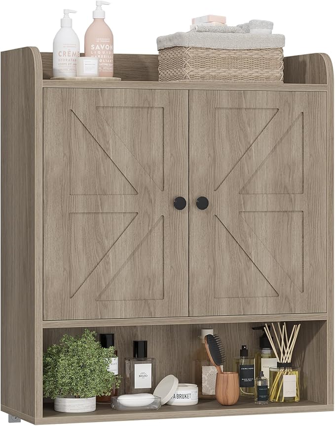 EasyCom 22" W x 26" H Bathroom Wall Cabinet, Farmhouse Medicine Cabinet with Adjustable Shelves and 2 Barn Doors, Over The Toilet Storage Cabinet for Bathroom, Kitchen, Living Room, Oak Grey