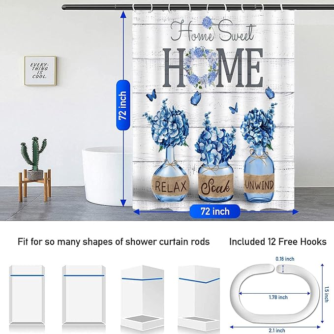 NBVKO 4 PCS Blue Hydrangea Shower Curtain Set,Home Sweet Bathroom Set with Rugs and Accessories,Farmhouse Country Bathroom Decor